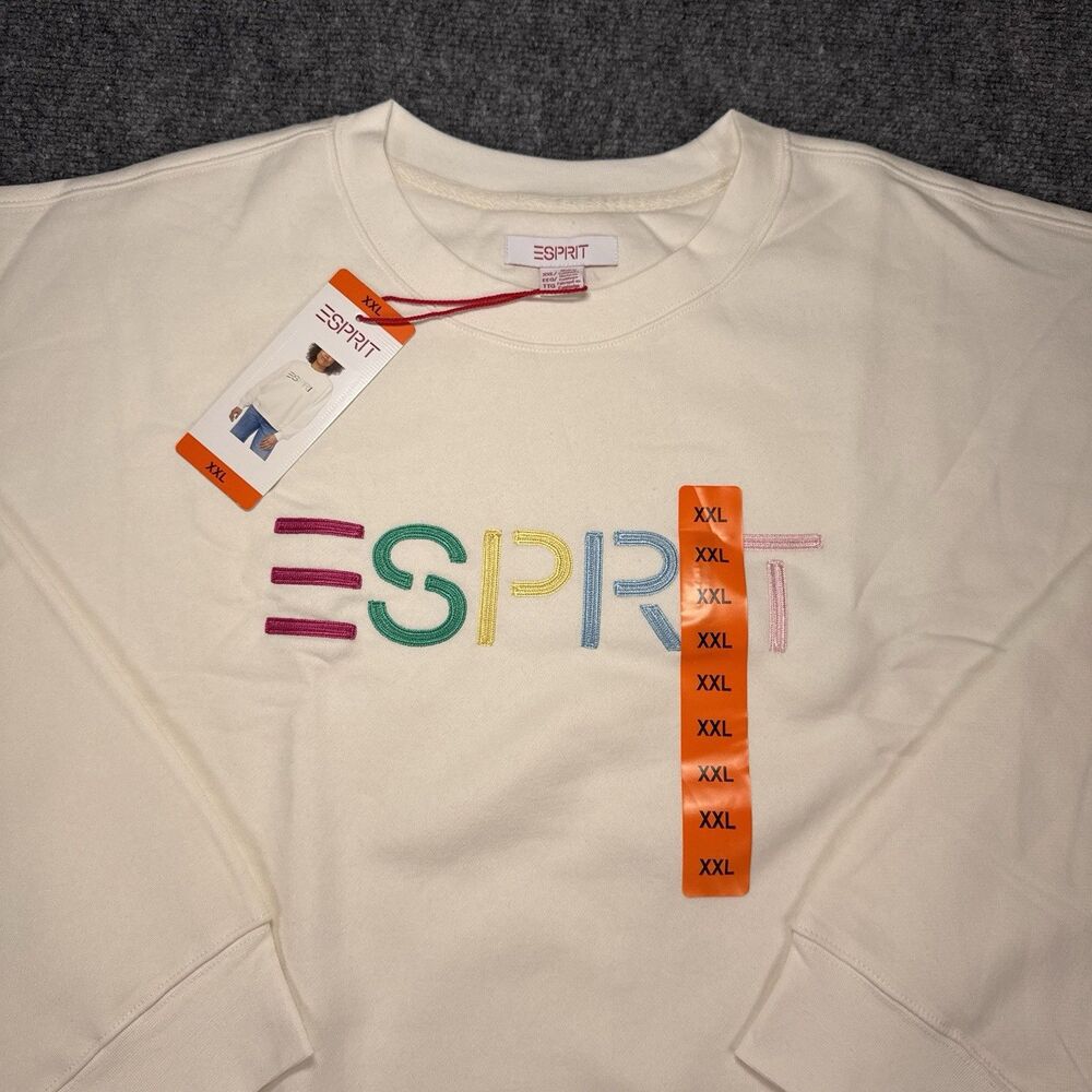 Esprit Women's Logo Fleece Crewneck Sweatshirt Cream Viral 80's Costco XXL NEW - Picture 4 of 6